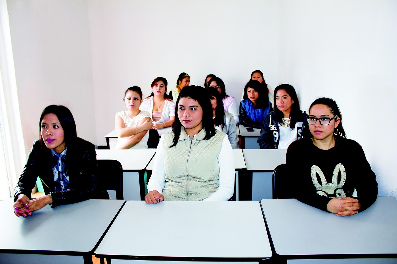 A group of students sitting at desks in a classroom, looking forward with attentive expressions.